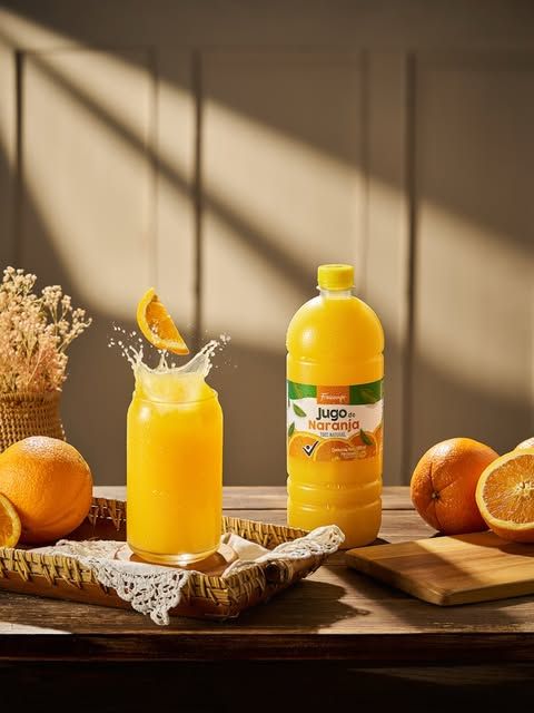 Jugo de naranja natural servido junto a la botella del producto